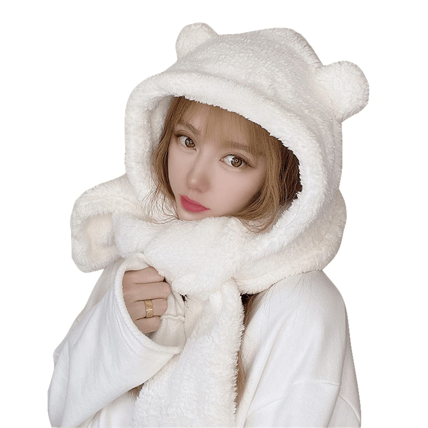 Women Kawaii Bear Ear Beanie Hat Scarf 2 in 1 - Cute Winter Warm Sherpa Thicken Fleece Fuzzy Japanese Fluffy Knit Hat Cap (White)