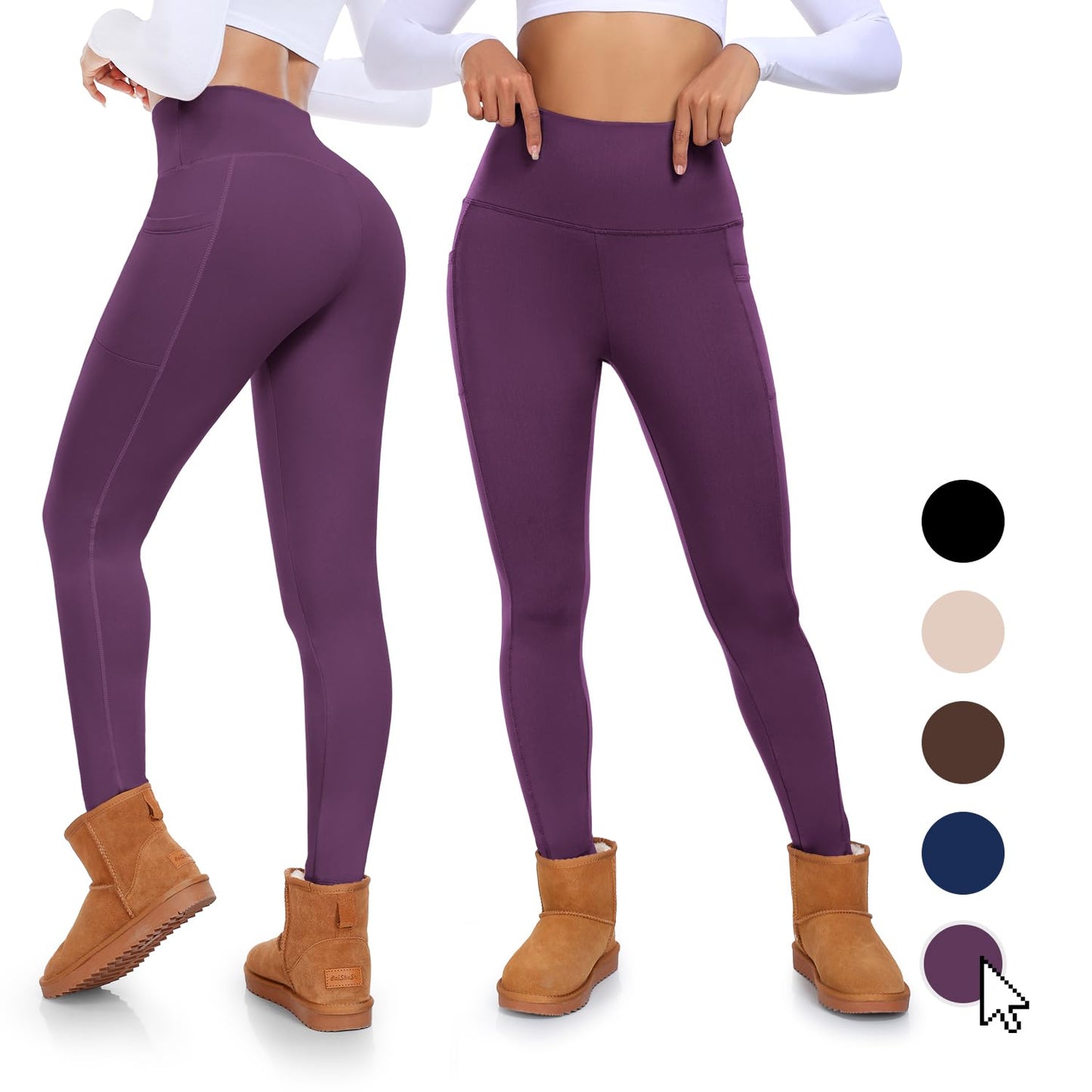 MOREFEEL Fleece Lined Leggings with Pockets for Women High Waisted Thermal Winter Tummy Control Yoga Pants Workout Tights Purple