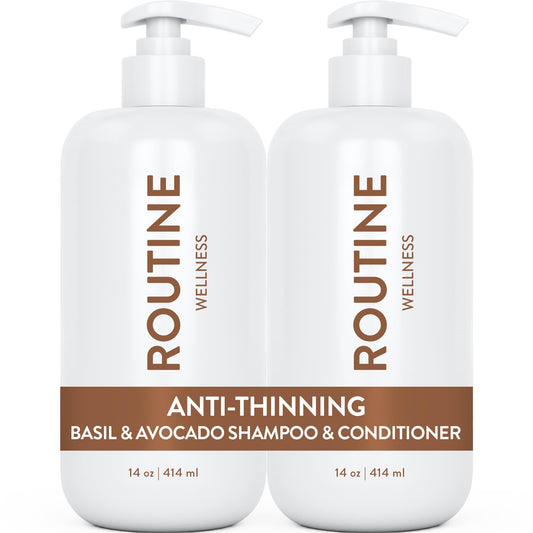 Routine Wellness Anti-Thinning Shampoo and Conditioner Set for Thinning Hair - Biotin DHT Blocker Women & Men - Color Safe Shampoo for Hair Loss & Healthier Growth - Basil & Avocado (Pack of 2)