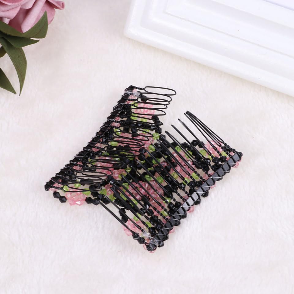 LALAFINA 3pcs Double Clips Hair Combs Adjustable Elastic Hair Clips Stretch Beaded Hair Combs Pink Rose Shaped Hair Accessories for Women Girls