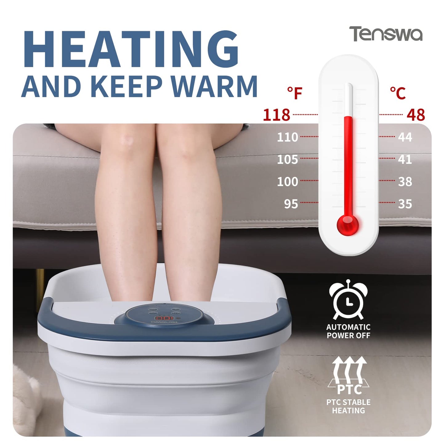 Tenswa Collapsible Foot Spa Bath Massager with Heat, Bubbles, Pedicure Foot Spa with 8 Rollers, Tub for Stress Relief, Soaker with Mini Acupressure Massage Points & Temperature Control