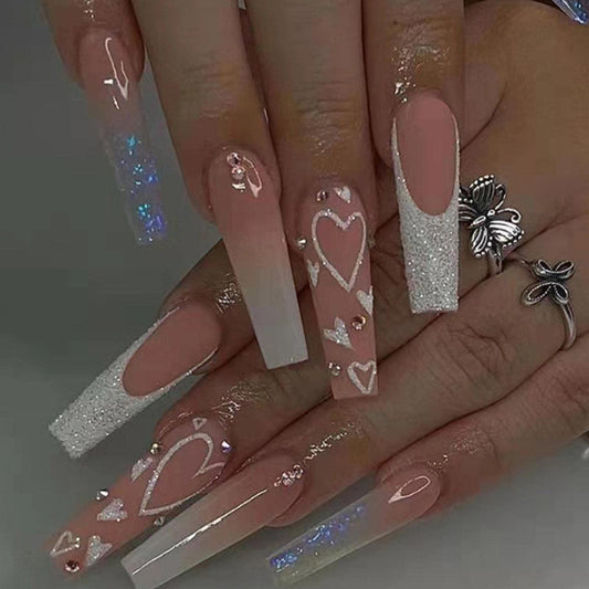 DANMANR Long Press on Nails Square French Fake Nails Full Cover Nude Acrylic False Nails for Women and Girls 24PCS (French Coffin Pink)