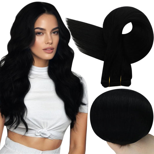 Full Shine Sew In Hair Extensions Real Human Hair Black Weft Hair Extensions Human Hair Sew In Extensions Double Weft Color Jet Black Hair Extensions Human Hair Extensions Sew In Bundles 22Inch 105G