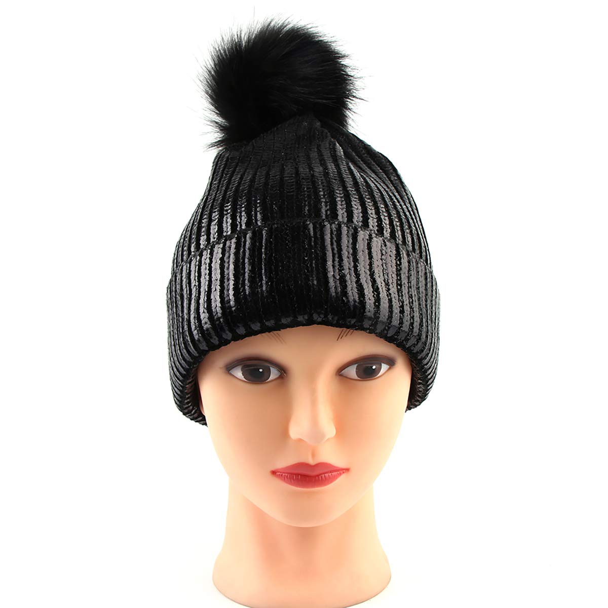 Cozylkx Women Skullies Beanie Hat, Winter Warm Glitter Sequin Knitting Bronzing Pom Pom Cap for Ladies Girls, Black