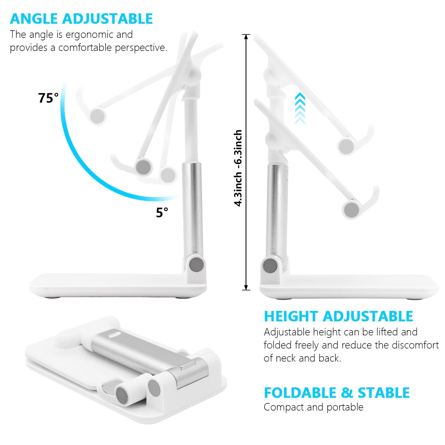 szwilnis Cell Phone Stand, Folding Desktop Phone Stand, Angle Height Adjustable Mobile Phone Holder for Desk, Office, Tablet Stand Compatible with All Phones 4-10 Inches Cell Phone/Tablet (White)