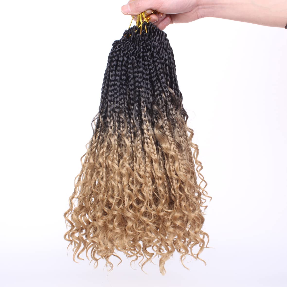 Beverlee 14 Inch 8 Packs Boho Box Braids Goddess Box Braids Crochet Hair Bohemian Hippie Braids Braiding Hair Box Braids with Curly Ends Messy Pre-looped Synthetic Crochet Hair for Black Women 128 Strands 1B/27#