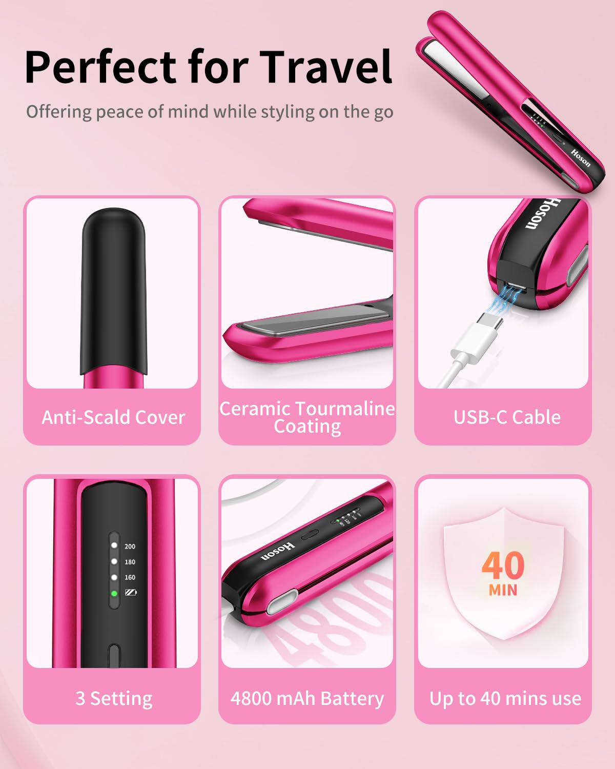 Hoson Cordless Hair Straightener,Portable Mini Flat Iron Travel for Bangs,Short Hair, Rechargeable Curling Iron and Curler 2 in 1,Hot Pink,for Touch Ups