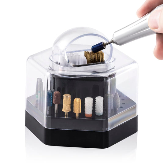 NMKL38 2 in 1 Nail Drill Bits Holder Nail Drill Bits Cleaning Brush Detachable Case 24 Holes Nail Drill Stand Display Organizer Dustproof Box for Nail Manicure Tools (Black)