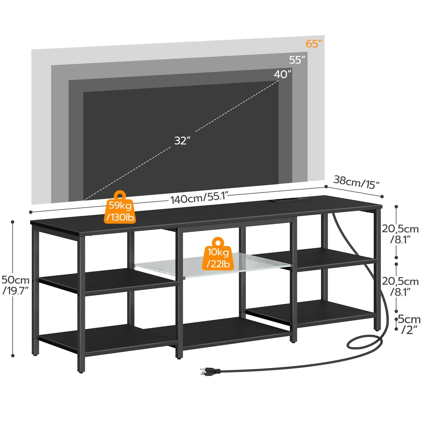 HOOBRO LED TV Stand for 65 Inch TVs with Charging Station, Gaming Entertainment Center with 3-Tier Open Storage, Long Media TV Console Table, TV Stand for Living Room, Bedroom, Black BB20UDDS01