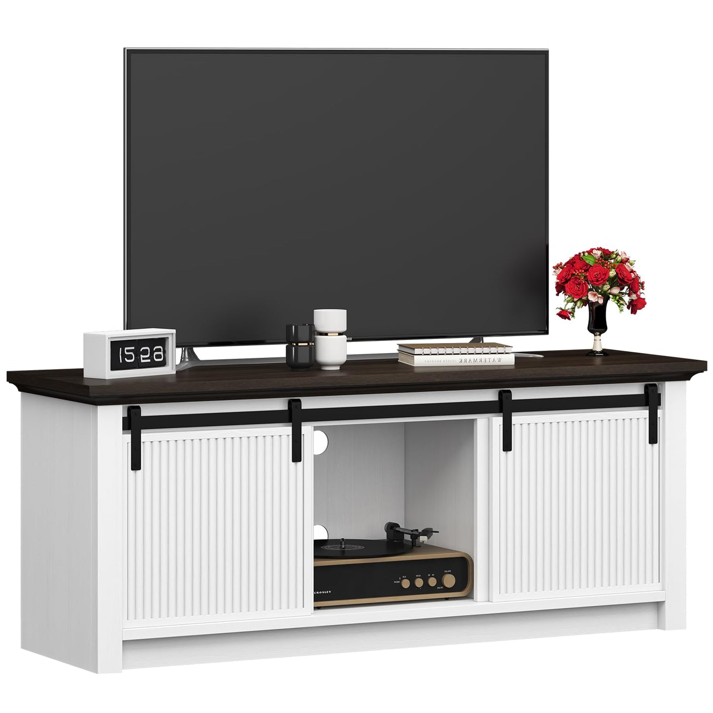 Fluted TV Stand for 60 Inch TV, 21" Tall Entertainment Center with Sliding Door and Storage Cabinets, Modern Media Console for Bedroom & Living Room, Television Stand for 55, 50", White