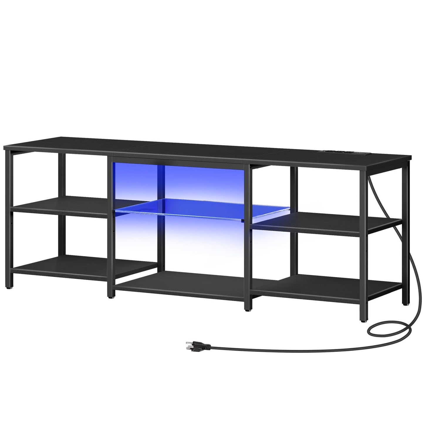 HOOBRO LED TV Stand for 65 Inch TVs with Charging Station, Gaming Entertainment Center with 3-Tier Open Storage, Long Media TV Console Table, TV Stand for Living Room, Bedroom, Black BB20UDDS01