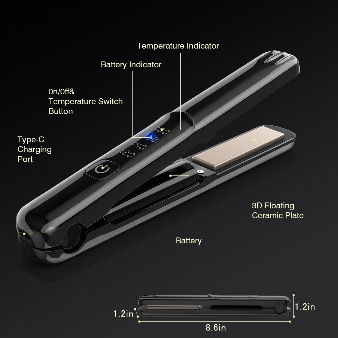 Cordless Hair Straightener and Curler, 2 in 1 Portable Mini Flat Iron & Curling, Fast Heating & Titanium Plate with 4 Adjustable Temp, Travel Size and USB Rechargeable with Pouch (Black)