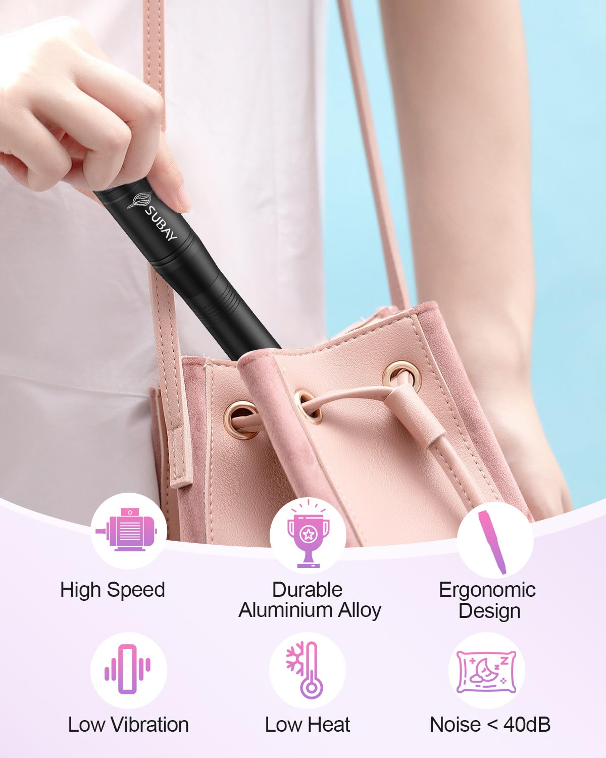 Subay Acrylic Nail Drill, Electric Nail File for Acrylic Gel Nails, Portable USB Nail Drill Machine with 6 Nail Drill Bits and 26 Sanding Bands for Nail Technicians Manicure Pedicure - Black
