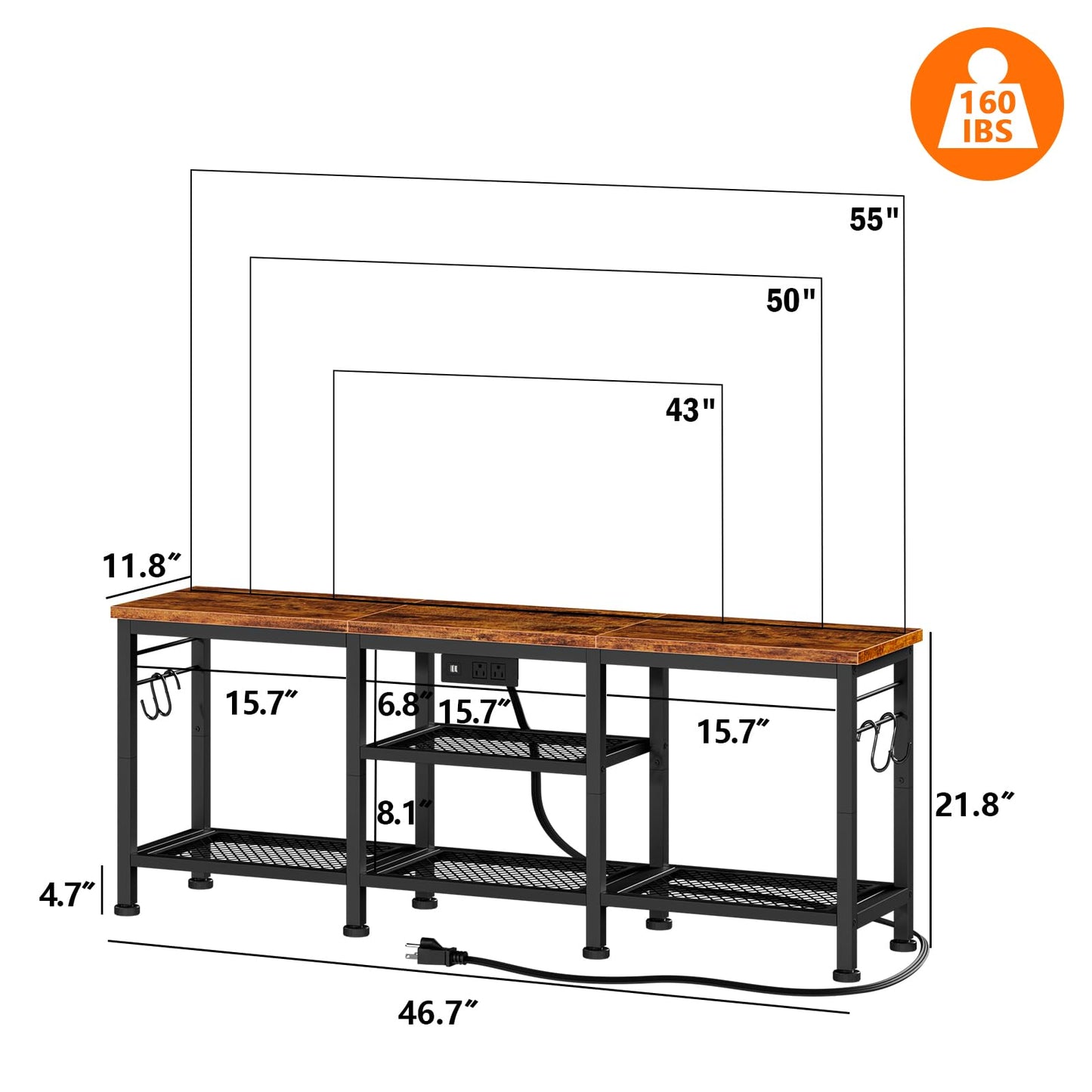 Furologee TV Stand with Power Outlets, Entertainment Center with Open Storage Shelves for TVs up to 55 Inch, Media Console Table with Soundbar Shelf for Living Room, Bedroom, Rustic Brown