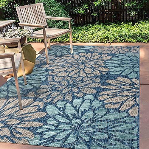 JONATHAN Y SMB110C-5 Zinnia Modern Floral Textured Weave Indoor Outdoor Area-Rug Bohemian Coastal Easy-Cleaning Bedroom Kitchen Backyard Patio Non Shedding, 5 X 8, Navy/Aqua