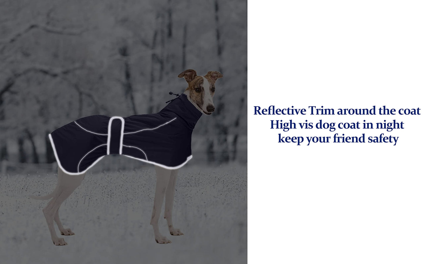 Greyhound Winter Coat, Whippet Coat with Padded Fleece Lining, Water Resistant Dog Jacket with Adjustable Bands and Reflective - Navy - XSmall