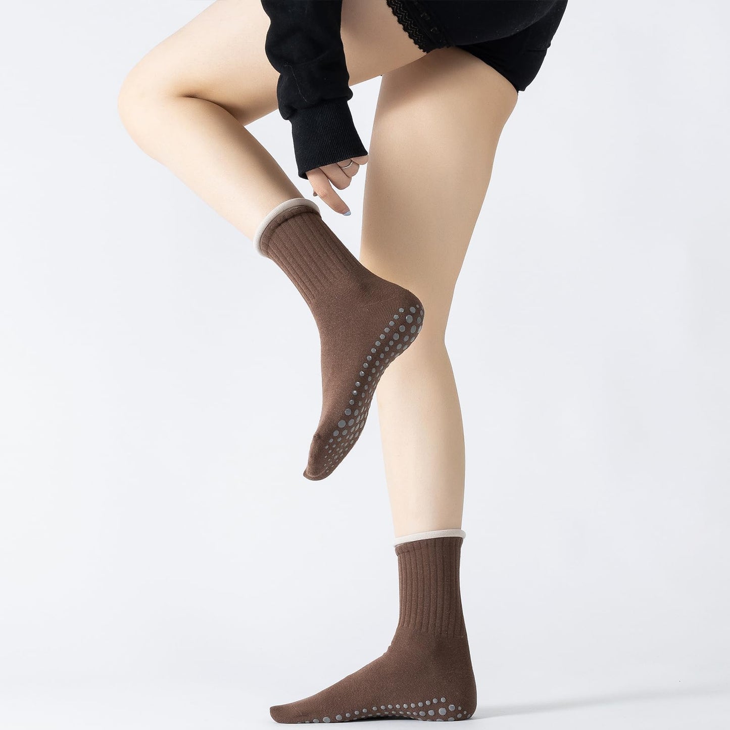 Yoga Pilates Socks with Grips for Women Non Slip Colorful Cushioned Crew Socks for Barre Ballet Dance (Dark Coffee)