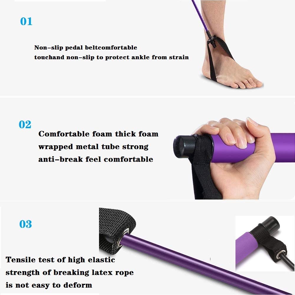 Portable Yoga Exercise Pilates Bar, Yoga Pilates Bar Reformer Kit, Pilates Bar Kit with Resistance Band,Home Gym Pilates with Foot Loop for Total Body Workout (Pink)