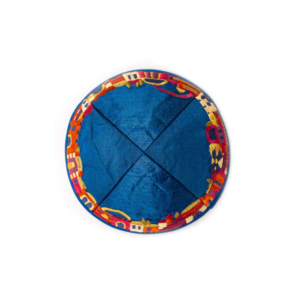 Yair Emanuel Blue Embroidered Jerusalem Design Kippah