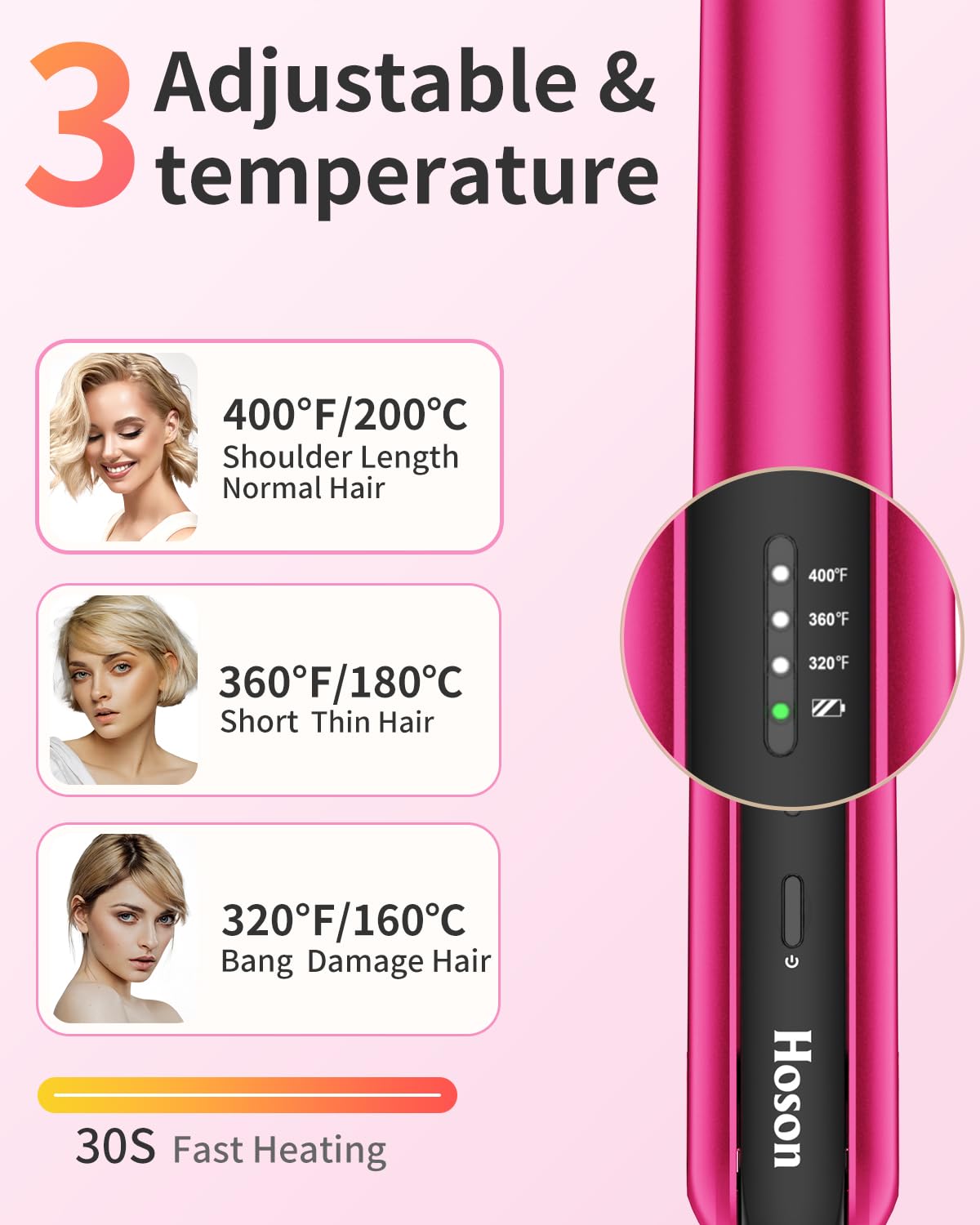 Hoson Cordless Hair Straightener,Portable Mini Flat Iron Travel for Bangs,Short Hair, Rechargeable Curling Iron and Curler 2 in 1,Hot Pink,for Touch Ups
