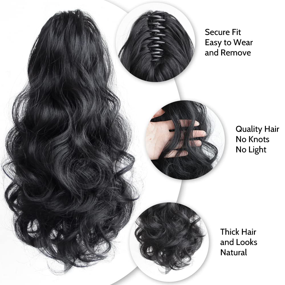 StrRid Natural Black Claw Ponytail Extension Wavy 16" Synthetic Curly Fake Clip in Extensions Wig Hair Pieces Fluffy Not Easily Knotted Clips on Ponytails for Women Wedding Party Daily Use 6 Oz