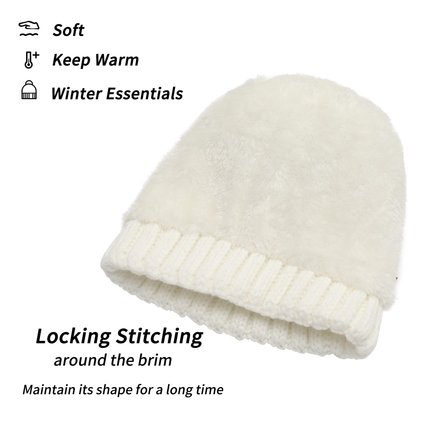 ZLYC Womens Knitted Beanie with Faux Fur Pom Pom Thick Fleece Lined Warm Winter Hat Snow Cap, Solid White