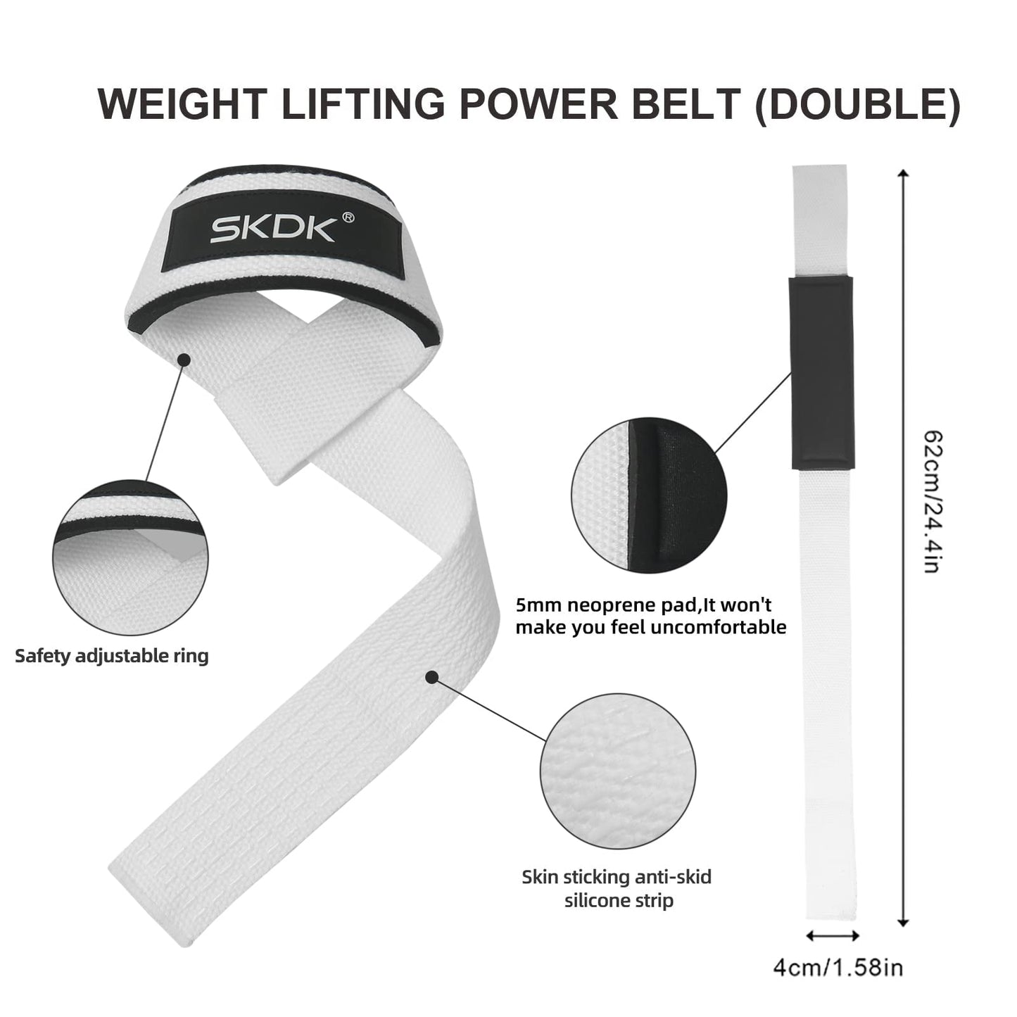 SKDK Cotton Hard Pull Wrist Lifting Straps Grips Band-Deadlift Straps with Neoprene Cushioned Wrist Padded and Anti-Skid Silicone - for Weightlifting, Bodybuilding, Xfit, Strength Training (White)