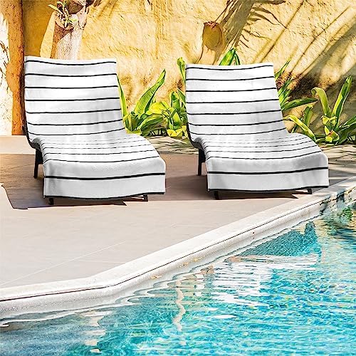 Arkwright Las Rayas Chaise Lounge Cover - Pack of 2 - Terry Towel 100% Striped Soft Cotton with Pocket Holder for Beach Pool Outdoor Chair, 30 x 85 in, Dark Grey