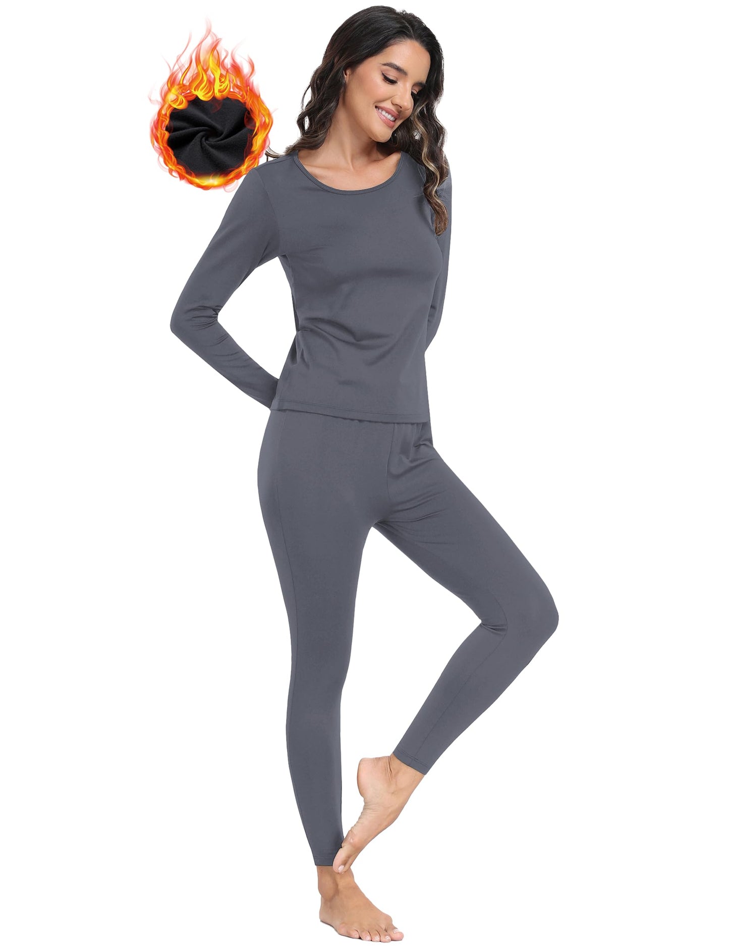 Winvote Thermal Underwear for Women Set Long Johns Fleece Lined Soft Cold Weather Warm Base Layer Winter Pajamas Top Bottom Grey L