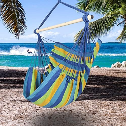 Highwild Hanging Rope Hammock Chair Swing Seat for Any Indoor or Outdoor Spaces - 500 lbs Weight Capacity (Blue Striped.)