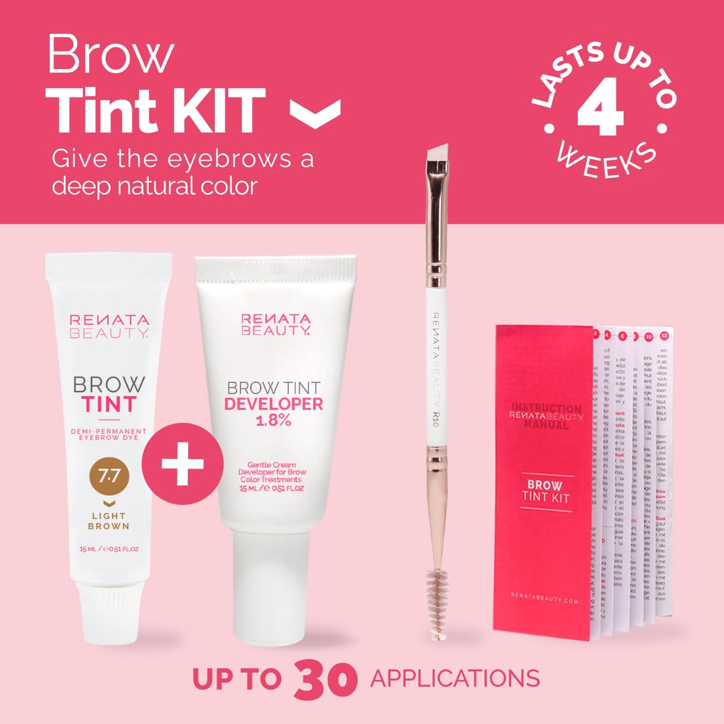 RB RENATA BEAUTY Brow Tint Kit – Eyebrow Tint Set – Dye Kit with Color Tint, Cream Developer and Styling Brush – Long-Lasting Effect Up to 4 Weeks – 30 Applications [Light Brown]