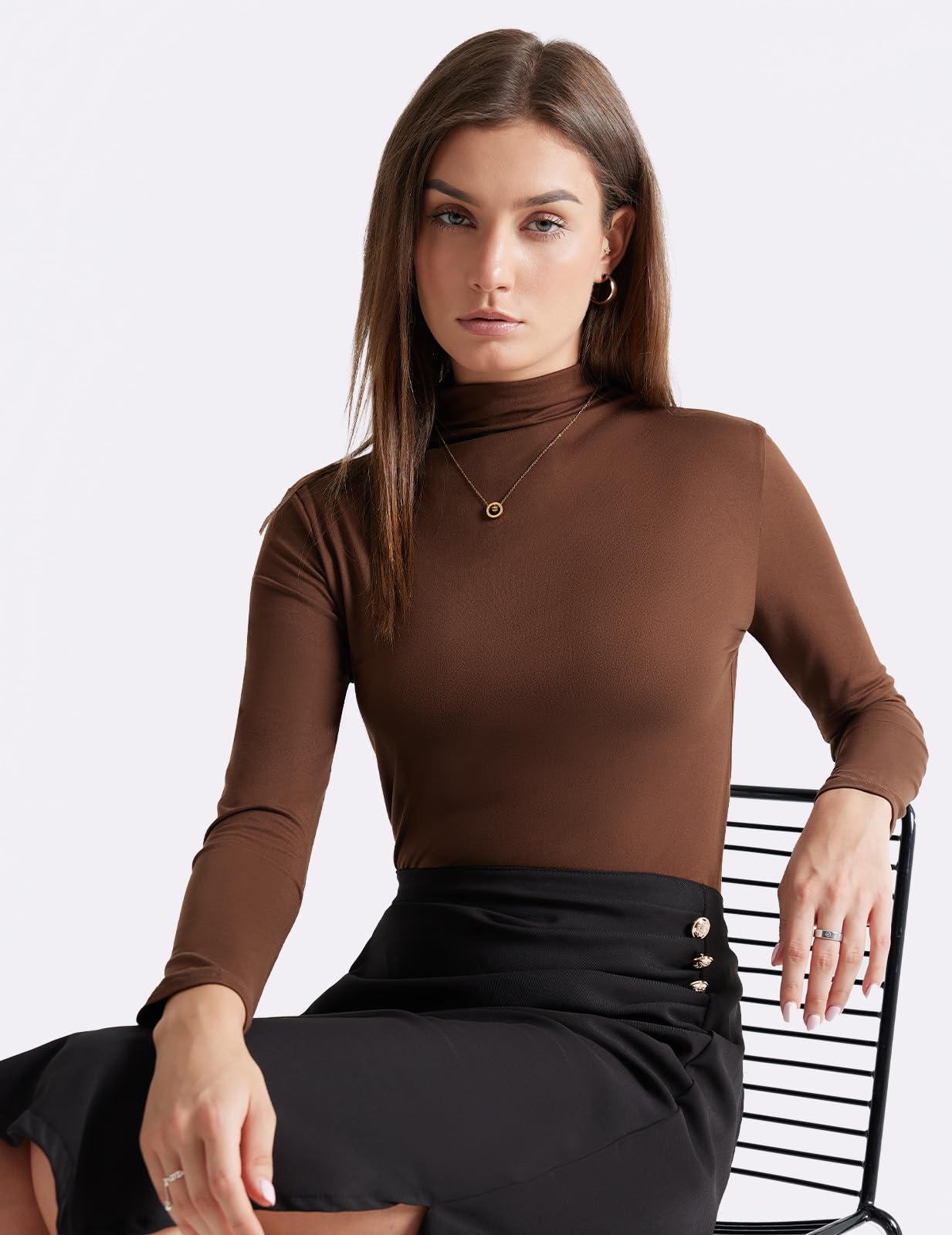 Upushall Women's Long Sleeve Turtleneck Tops Soft Lightweight Thermal Underwear Mock Neck Base Shirts for Women Brown M
