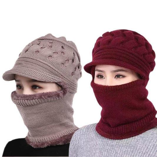 Womens Winter Warm Elastic Soft Ear Protection Knitted Scarf Mask hat Fleece Lined Beanie Hat one-Piece hat