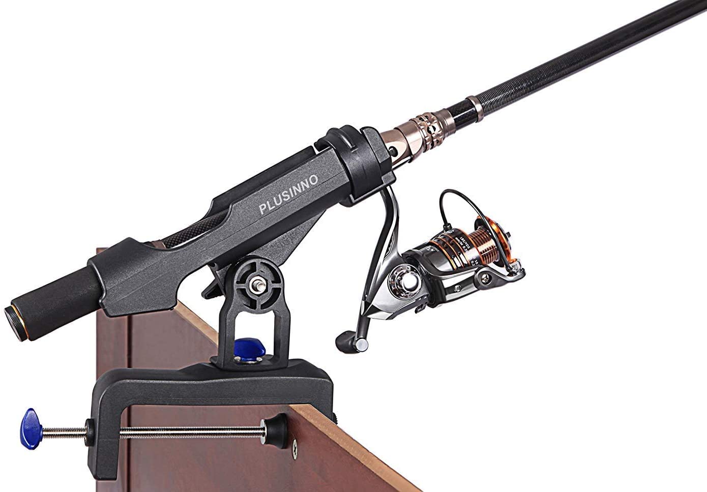 PLUSINNO Fishing Boat Rods Holder with Large Clamp Opening 360 Degree Adjustable Fishing Rod Racks Folding Holder (1 Pack Blue)