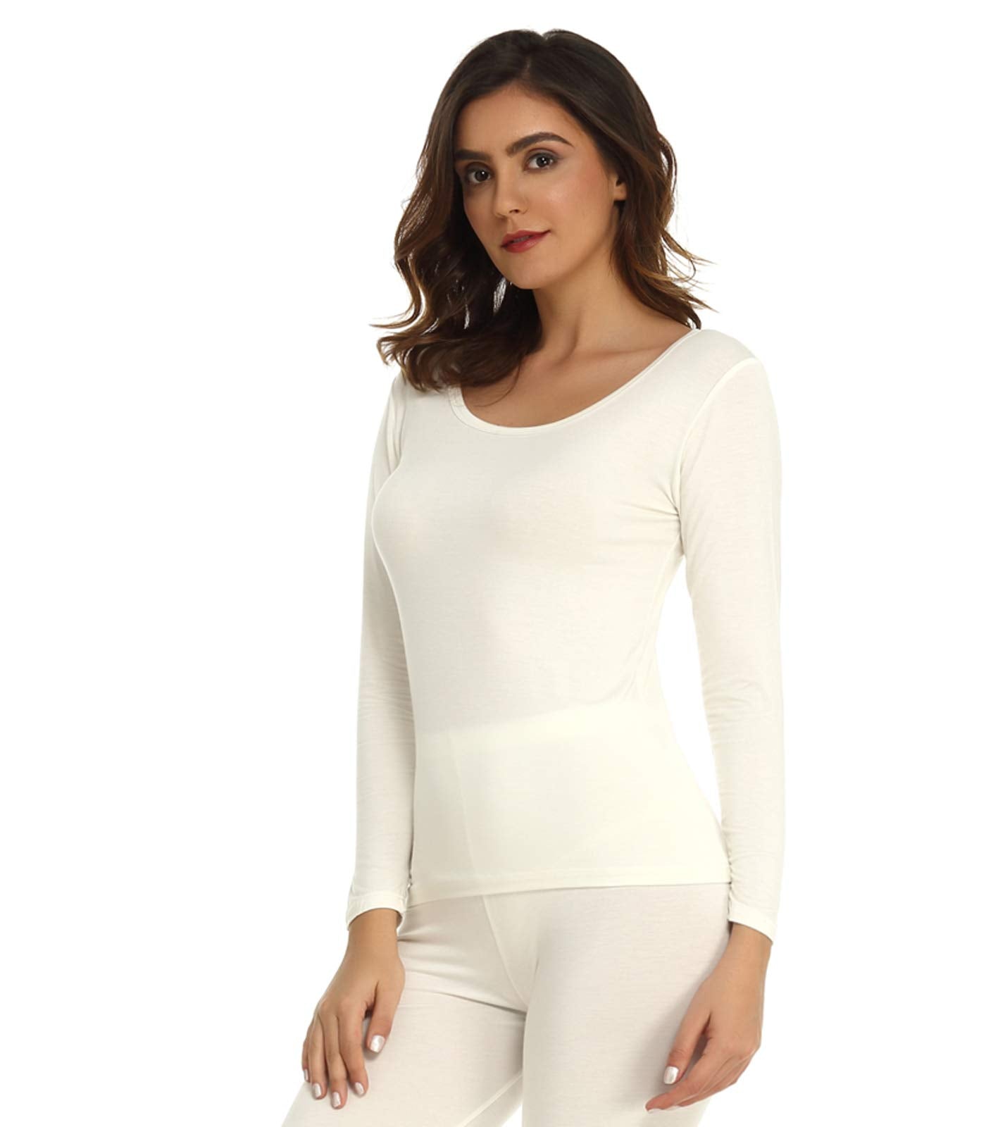 Mcilia Women's Ultrathin Modal Round Neck Long Sleeve Thermal Top/Shirt Off-White Small (US Size 2 4 6)