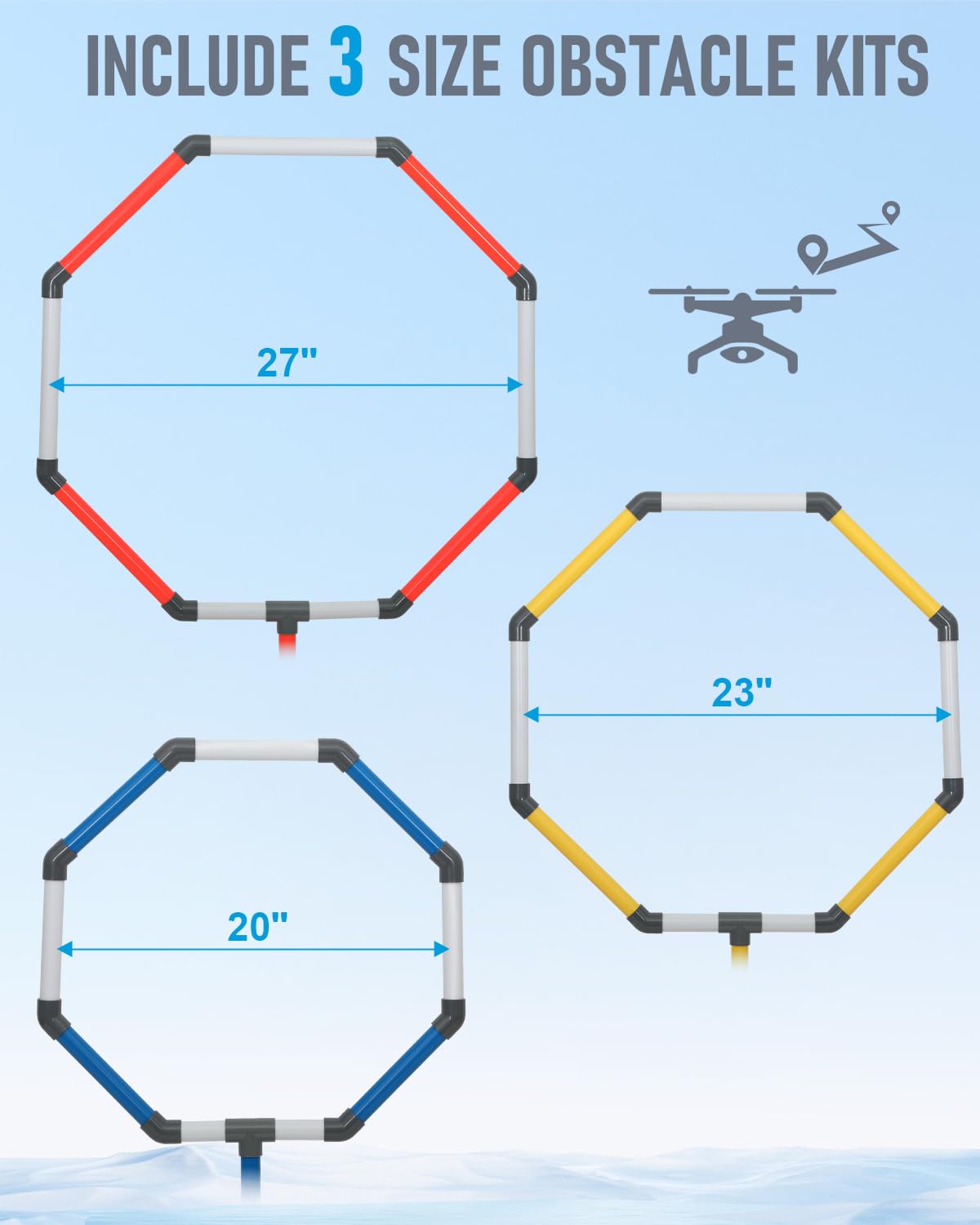 Drone Obstacle Course Kit, Includes 3 Different Hoop Sizes, Professional RC FPV Racing Training Set for Kids & Adults, Portable Game Loop Gate System with Separate Storage Bag