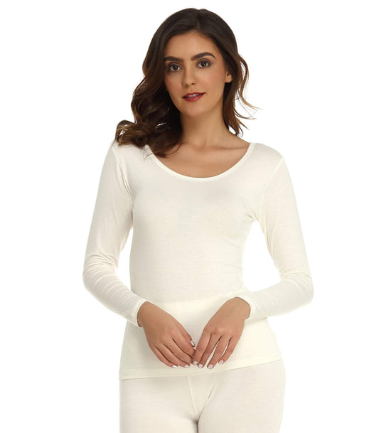 Mcilia Women's Ultrathin Modal Round Neck Long Sleeve Thermal Top/Shirt Off-White Small (US Size 2 4 6)
