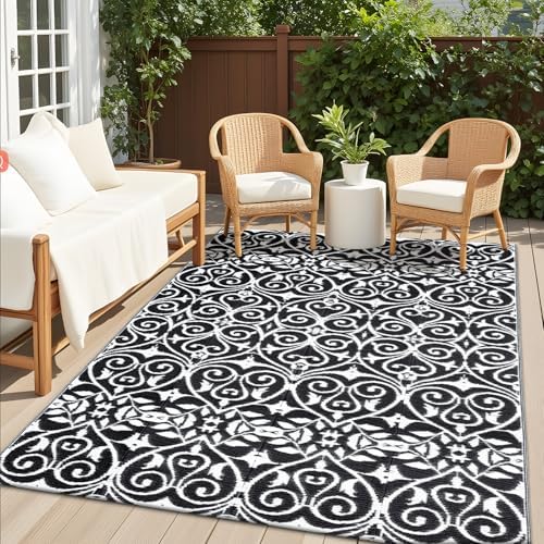 OLANLY Outdoor Rug Waterproof 5x8 ft Clearance, Reversible Outdoor Plastic Straw Rug with Floral Pattern, RV Mat for Patio, Camping, Balcony, Deck, Backyard, Black & White