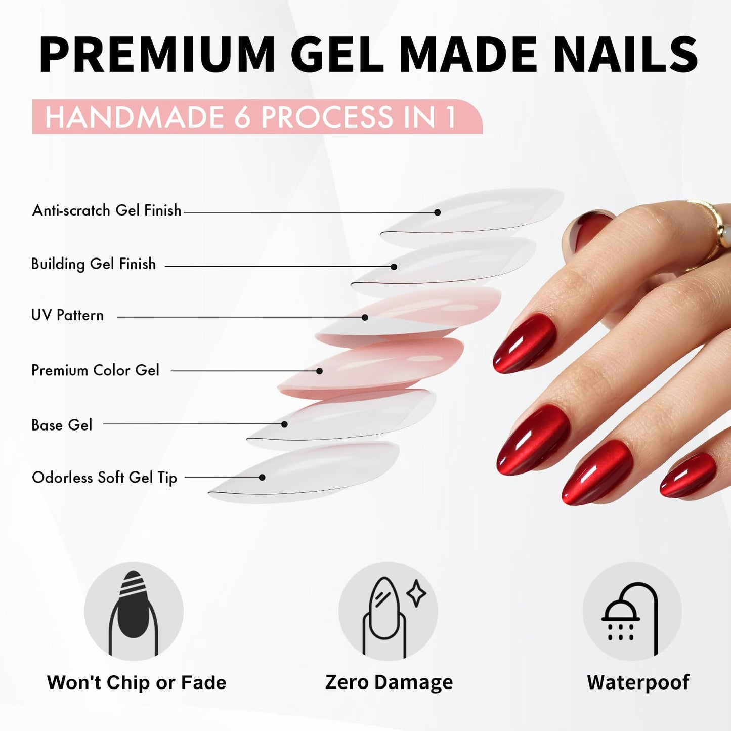 SHANGMENG Cat Eye Press on Nails Almond - Soft Gel Red Press on Nails Short for Women Gift, Fit Perfectly & Natural Stick on Nails with Glue in 16 Sizes - 32 Reusable Fake Nails, Wine Red