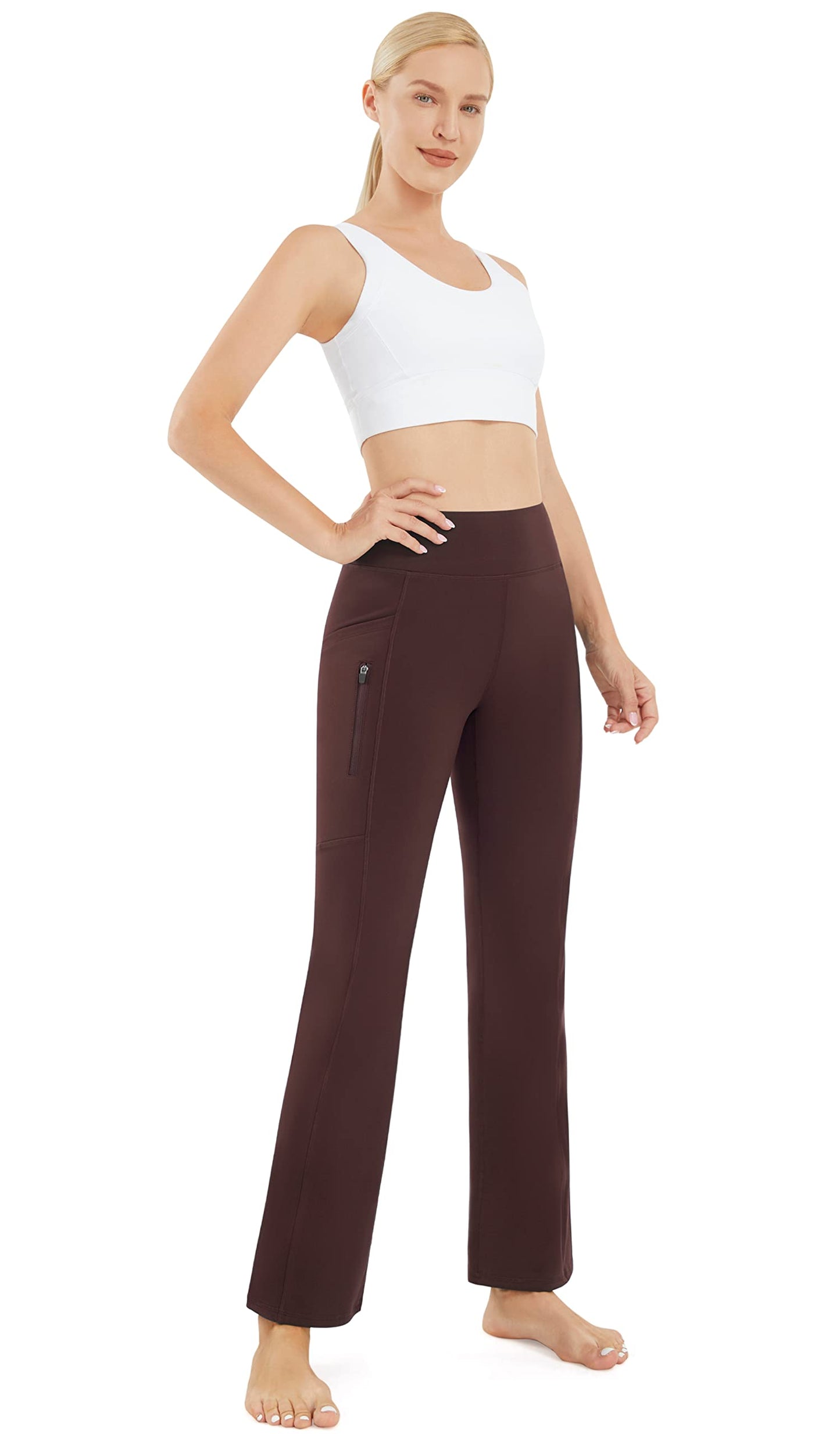 AFITNE Fleece Lined Pants Women Flare Leggings Bootcut Straight Leg Yoga Pants High Waisted Winter Warm Thermal Pants with Pockets-Brown-L