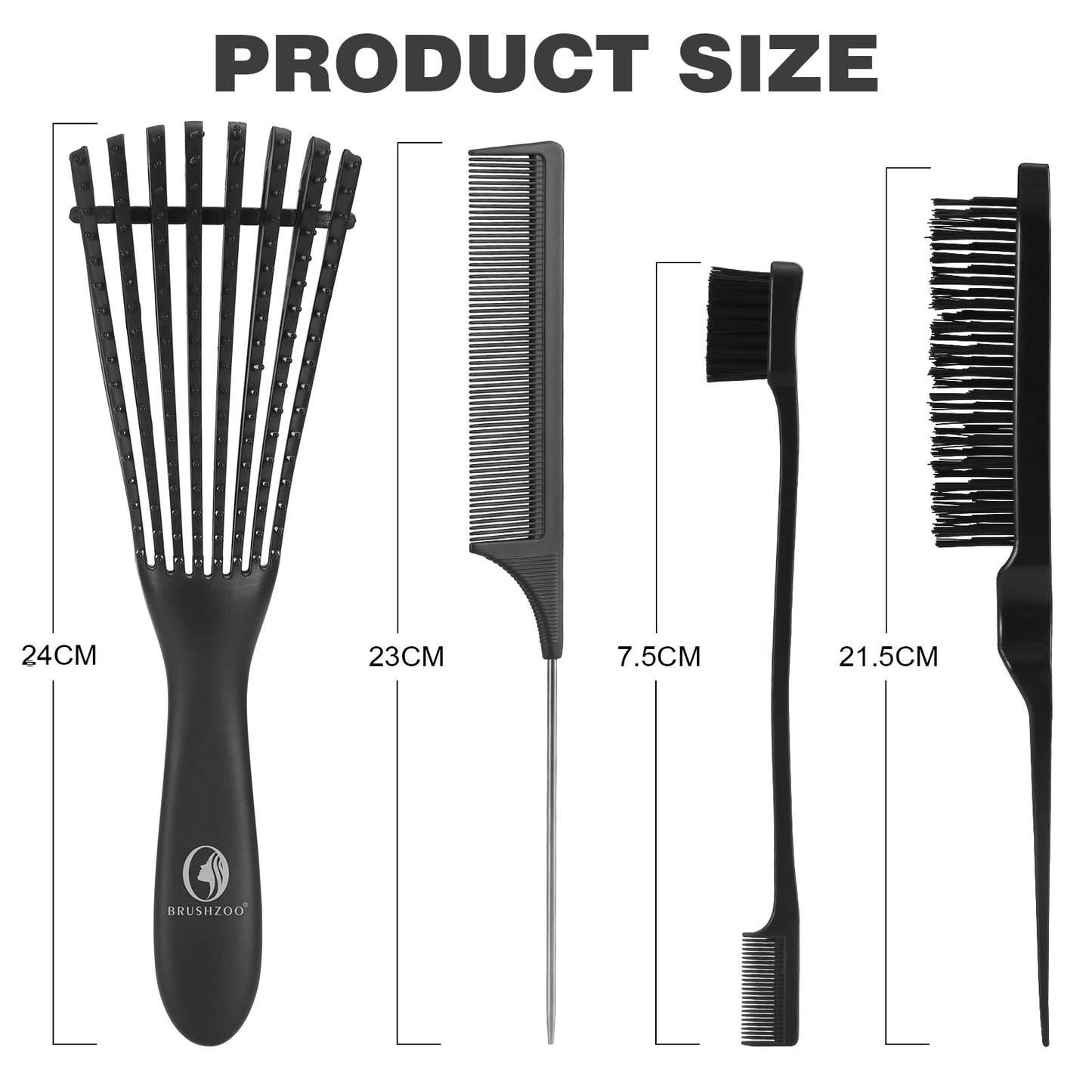 BRUSHZOO Hair Brush Set, Hair Brushes for Women Men kid Wet Dry All Hair Detangling Parting Styling, Brush Set with Detangler Brush, Edge Brush, Teasing brush, Rat Tail Comb (Black)