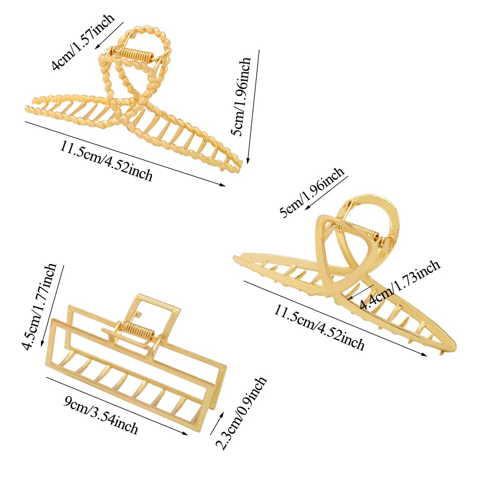 3pcs Metal Gold Large Hair Claw Clips for Women, Geometric Cross Square Jumbo Catch Barrette Clamps Clips for Thick Thin Hair, Fashion Aesthetics Hair Accessories Hairgrip Gifts