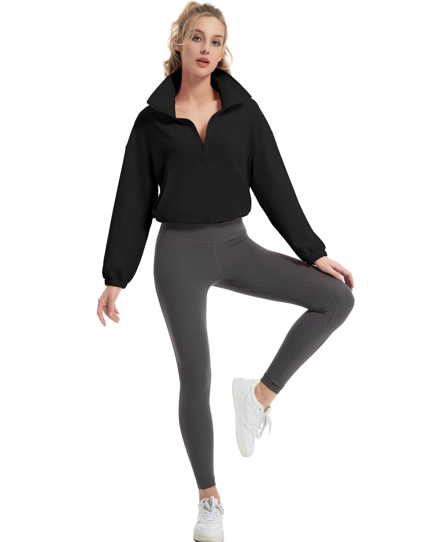 FKEEP Quarter Zip Pullover Women Cropped Sweatshirt Long Sleeve Crop Top Stand Collar Drawstring Casual Pullover Black