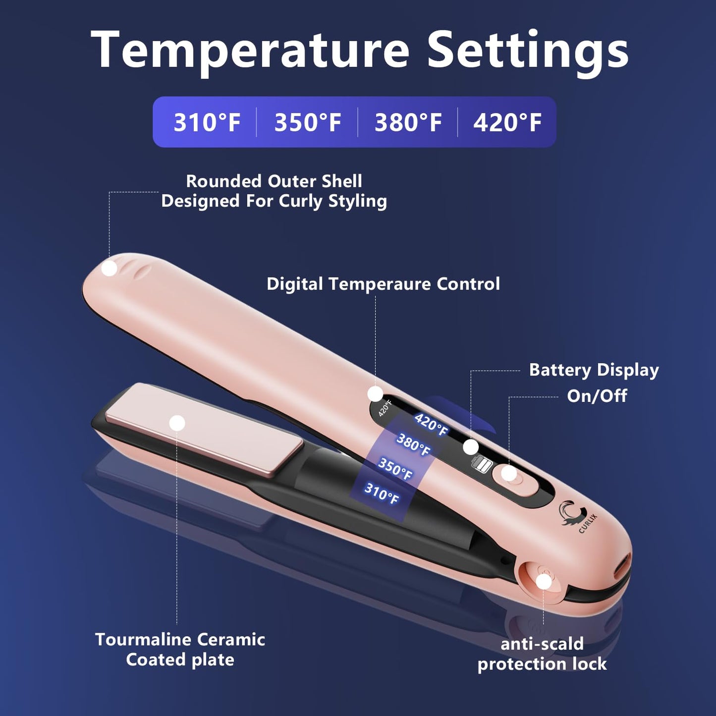 Curlix 2-in-1 Cordless Hair Straightener & Curler – Includes Carrying Pouch – Mini Travel Hair Straightener with LCD Display, USB-C Charging, 4 Temp Modes up to 420°F and Long Battery Life