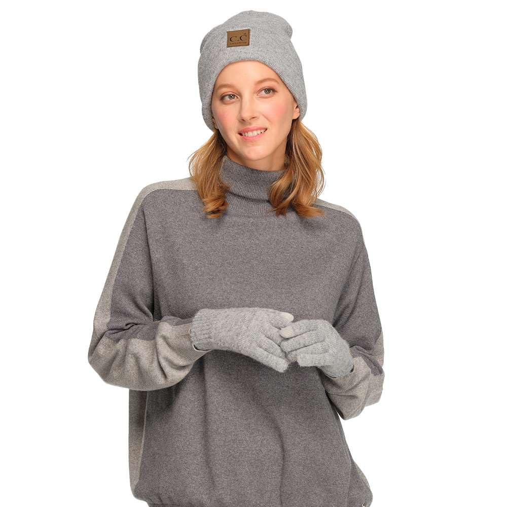 C.C Eco Friendly Unisex Classic Warm Winter Beanie and Touchscreen Glove Set (Light Melange Grey)