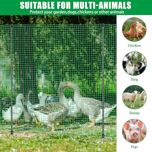 Temporary Fence, 3' x 49.2' Non Electric Fence Netting with Double Spiked Posts & Windproof Kit, Portable Movable Poultry Netting Mesh for Dogs, Chickens or Farms, Backyards and Ranches
