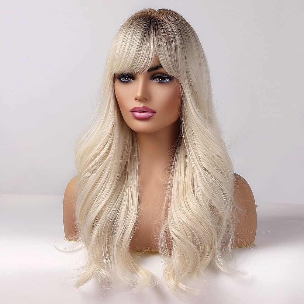 HAIRCUBE Platinum Blonde Wigs for Women Long wave Wigs with Bangs Heat Resistant Fiber Synthetic Wigs