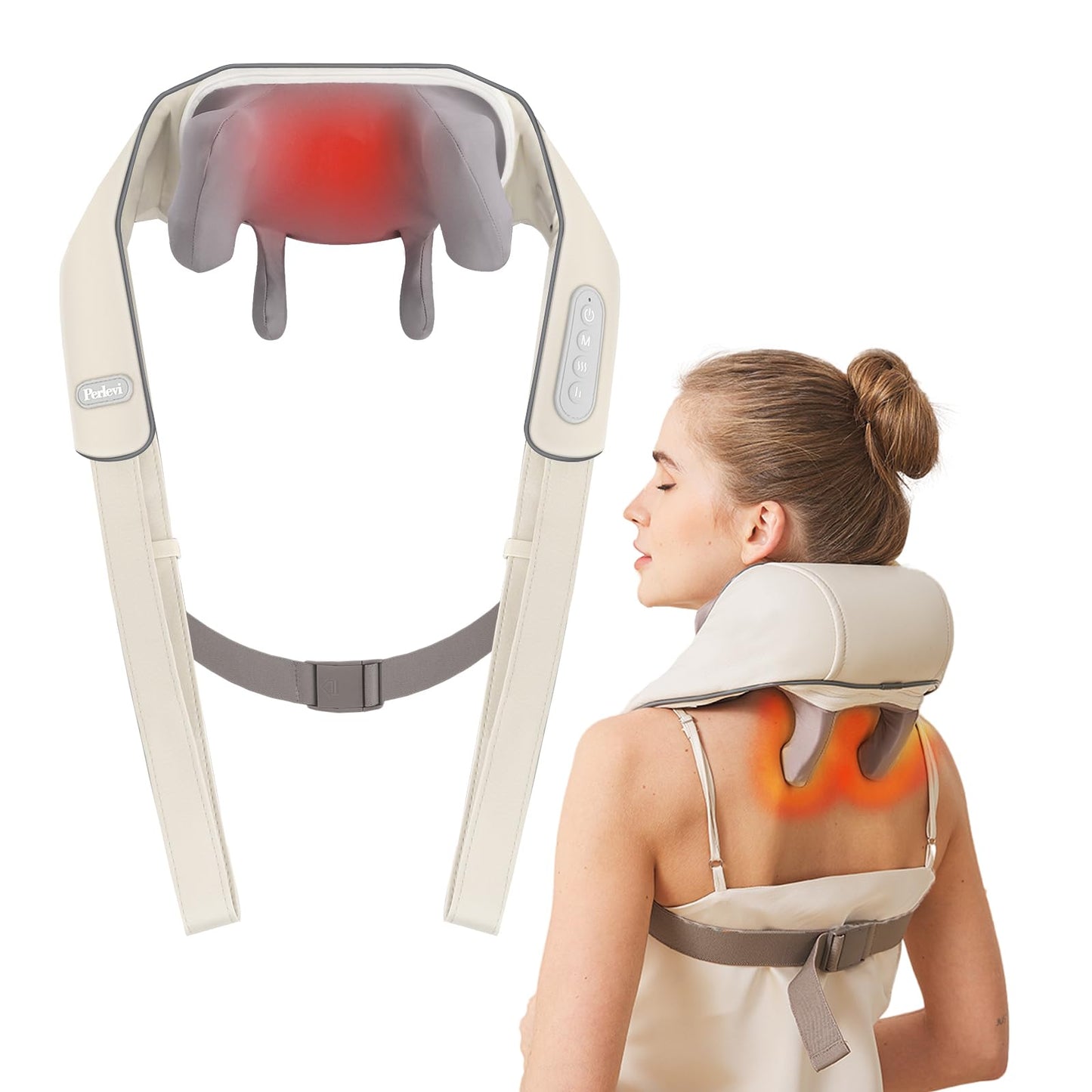 PERLEVI Neck Massager for Pain Relief deep Tissue Relieves Tension Kneading Massager with Heat Improves Circulation Eases Muscle Soreness,Ideal Gifts(Beige)