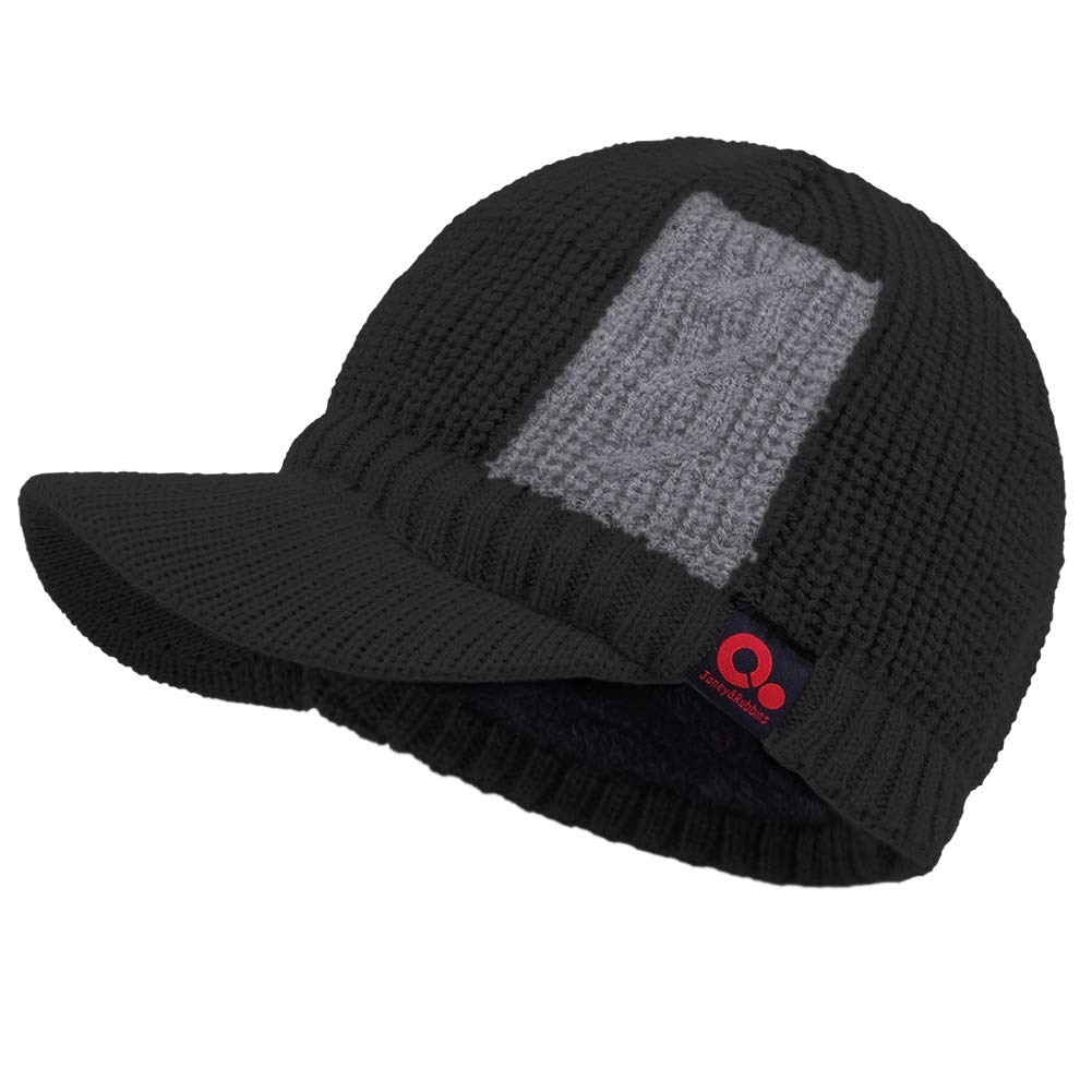 Women's Contrast Patch Visor Beanie Winter Knit Hat with Birim Fleece Lining Baseball Cap (Black), One Size-Medium