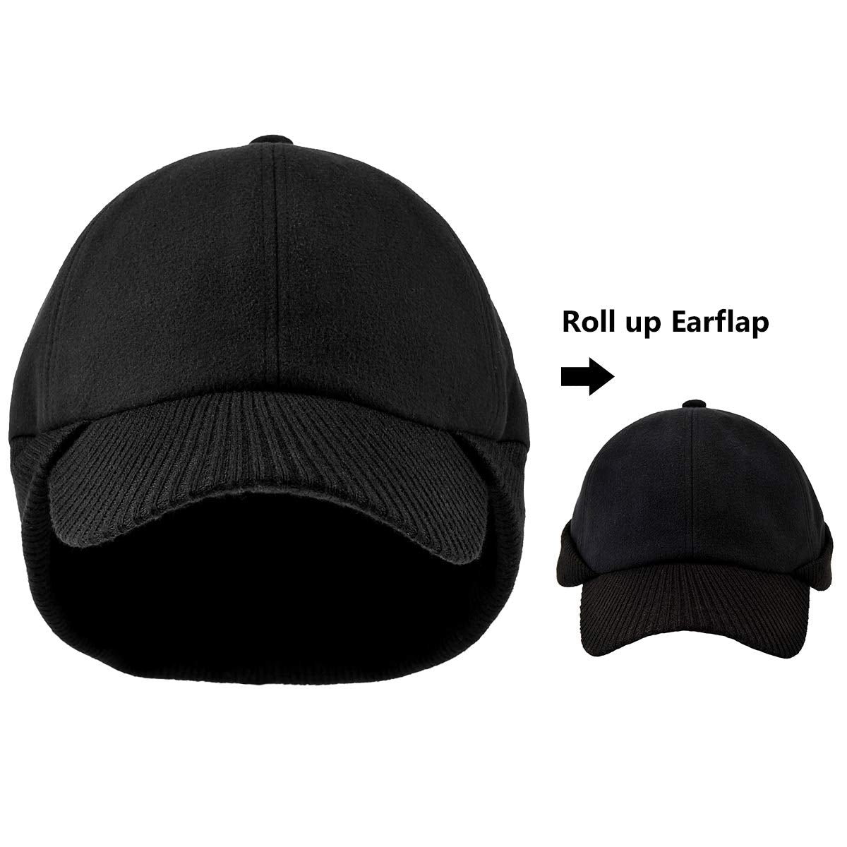 LCZTN Wool Winter Baseball Cap with Warmer Earflap for Men ＆ Women Outdoor Ski Visor Beanie Hat (Black ＆ Grey)